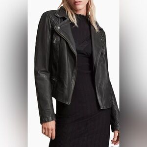 New AllSaints Cargo Leather Biker Jacket in Black Gray Size 4